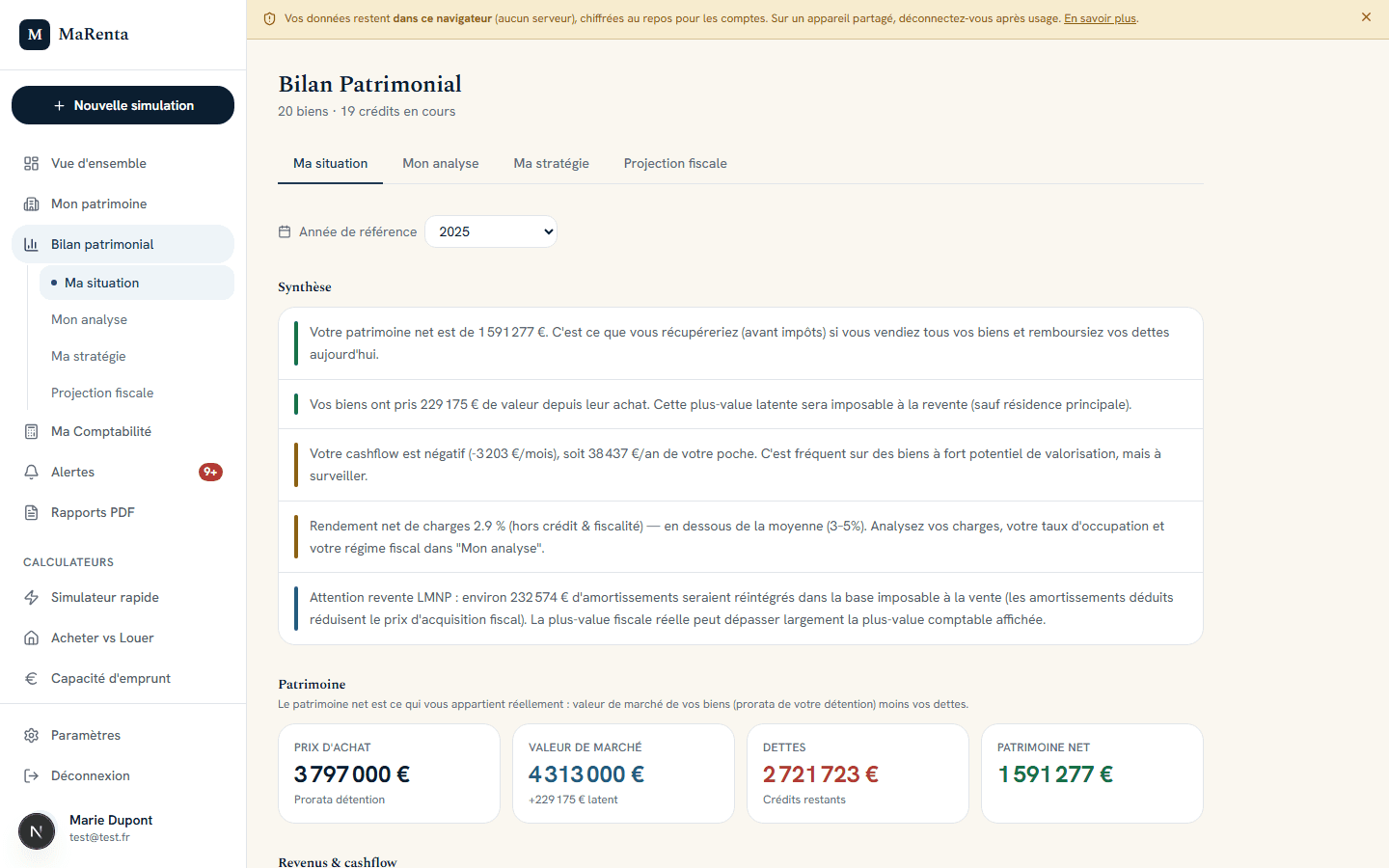 Bilan patrimonial : synthèse claire — patrimoine net, plus-value latente, cashflow et points d'attention.