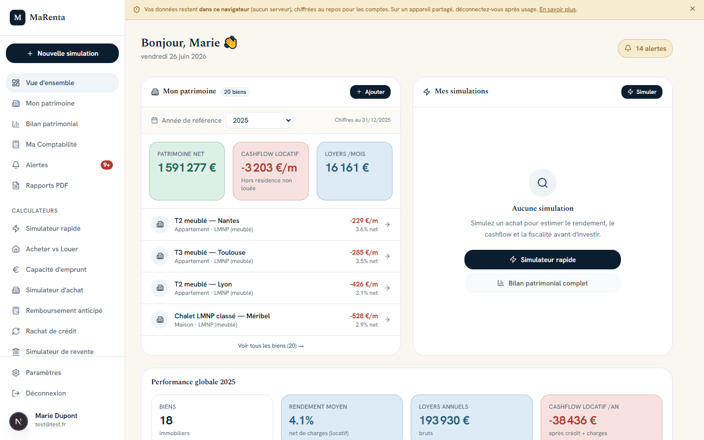 Tableau de bord : patrimoine net, cashflow et loyers consolidés, avec le détail de vos biens.