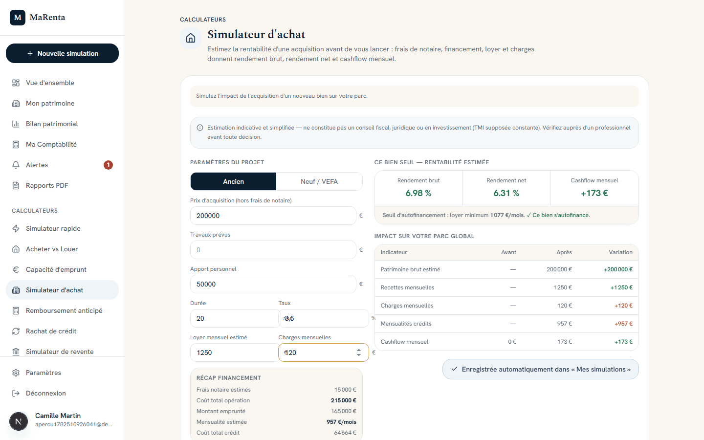 Simulateur d'achat : rendement, cashflow et seuil d'autofinancement d'un nouveau bien, avec son impact sur votre patrimoine avant/après.